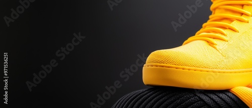  A yellow high-top sneaker atop a black basketball, its yellow laces visible beneath photo