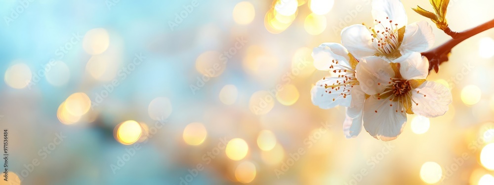 A tight shot of a bloom on a branch against a backdrop of softly blurred lights A tight shot of a bloom on a branch against a backdrop of softly blurred lights