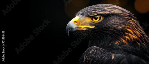  A tight shot of a bird of prey against a jet-black backdrop, surrounded by a halo of lights in the distance photo