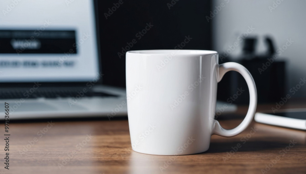 white mug mockup against office background. ai generated. ai white mug mockup against office background. ai generated. ai