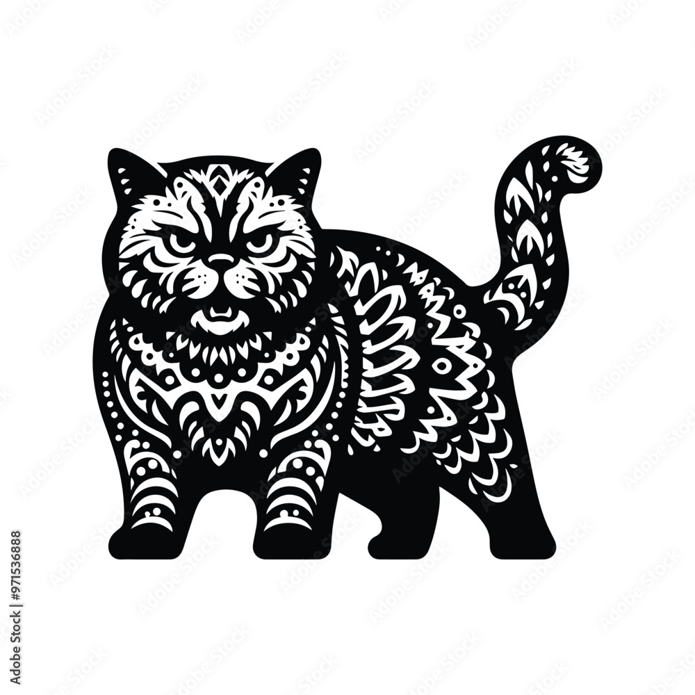 Fototapeta premium British Shorthair in folk art black and white silhouette illustration