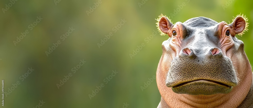 A hippo gazes intently at the camera, background consisting of tree-filled landscape blurred A hippo gazes intently at the camera, background consisting of tree-filled landscape blurred