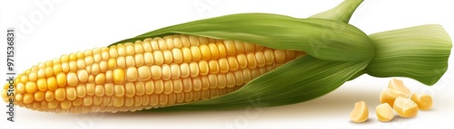 Corn on the Cob with Husk, Realistic Illustration, Golden Kernels, Freshness, Summer Harvest, Corn, Kernels