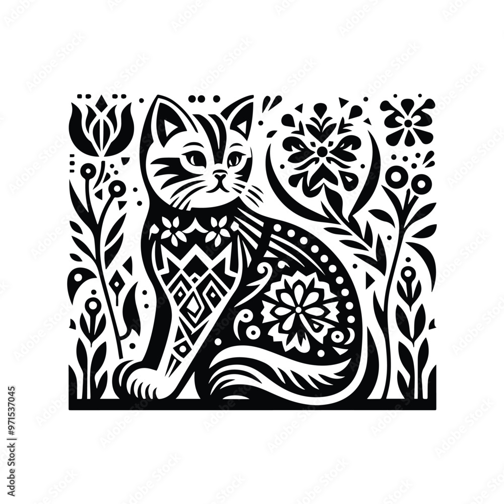 Fototapeta premium British Shorthair in folk art black and white silhouette illustration