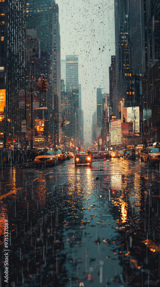 A dense urban area with downpour of rain creating reflections on street A dense urban area with downpour of rain creating reflections on street