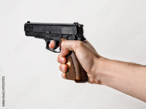 Tableau sur toile Primer plano de una mano armada con una pistola apuntando concepto de violencia