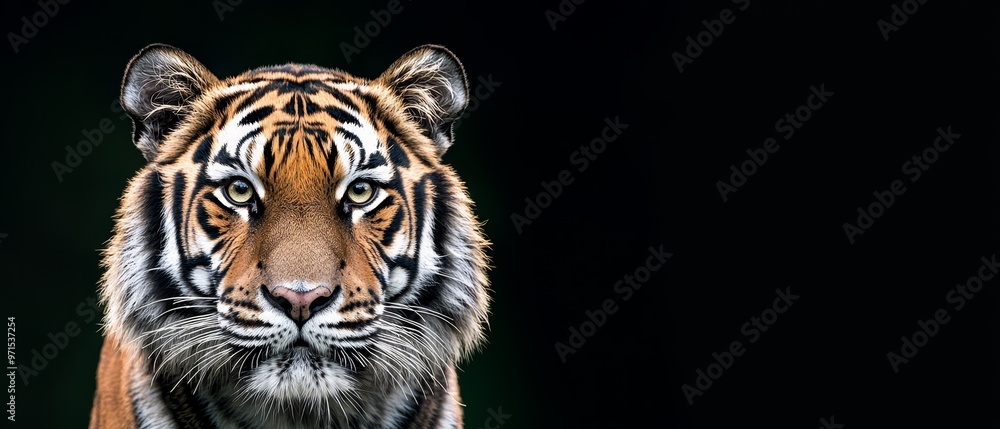Obraz premium A tight shot of a tiger's face against a black backdrop, with its head slightly blurred