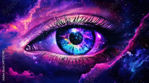 An eye-shaped galaxy, symbolizing the vastness of a vision, cosmic, vibrant, surreal, digital painting