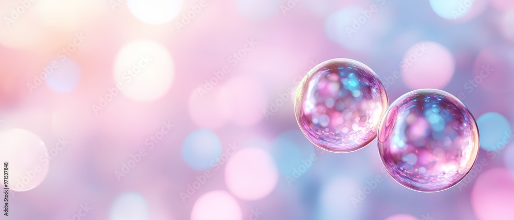 A tight shot of two bubbles against a light, pink and blue bokeh - a circular area of blur caused by a lens's A tight shot of two bubbles against a light, pink and blue bokeh - a circular area of blur caused by a lens's