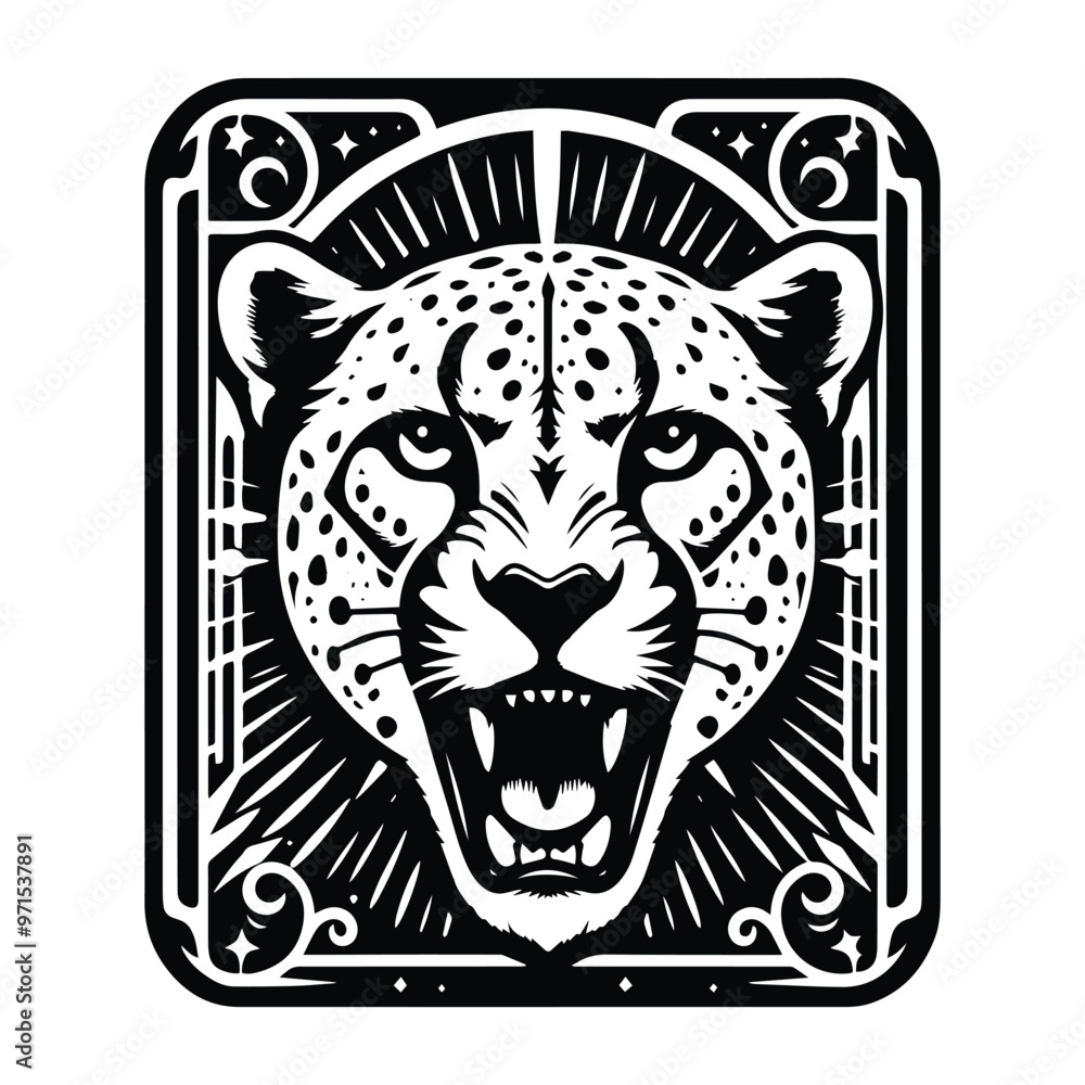 Cheetah in Tarot card black and white silhouette illustration