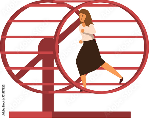 Businesswoman is running in a hamster wheel, symbolizing the feeling of being stuck in a monotonous routine at work