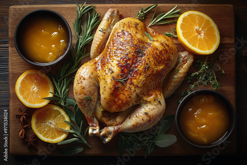 Frisch gebackenes ganzes Hähnchen mit Honigsauce, Freshly baked whole chicken adorned with honey sauce
 photo