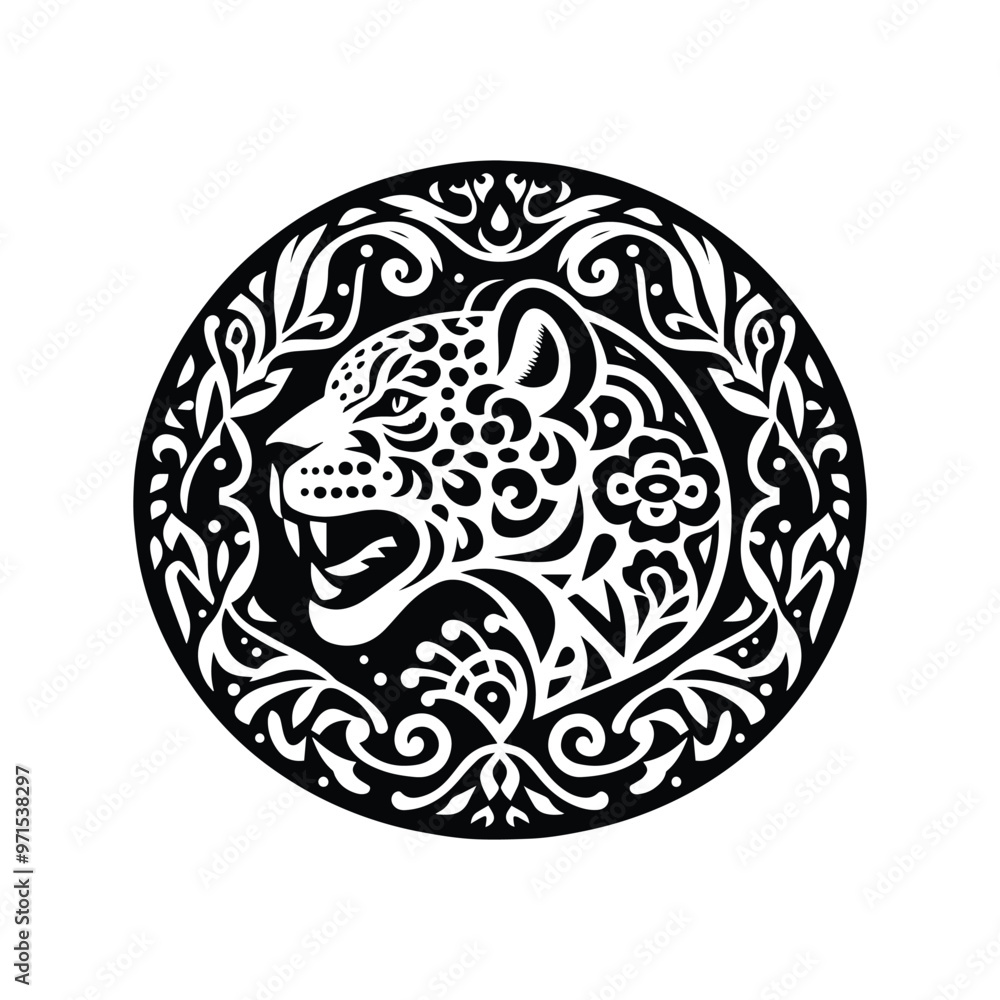 Jaguar in folk art black and white silhouette illustration Jaguar in folk art black and white silhouette illustration