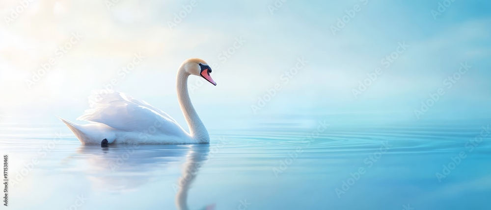 Obraz premium A white swan glides atop a light blue lake, its pink beak breaking the tranquil surface