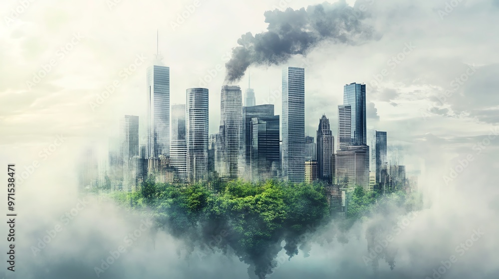 A surreal cityscape blending nature and urban elements, showcasing skyscrapers amidst fog and smoke for a unique visual impact. A surreal cityscape blending nature and urban elements, showcasing skyscrapers amidst fog and smoke for a unique visual impact.