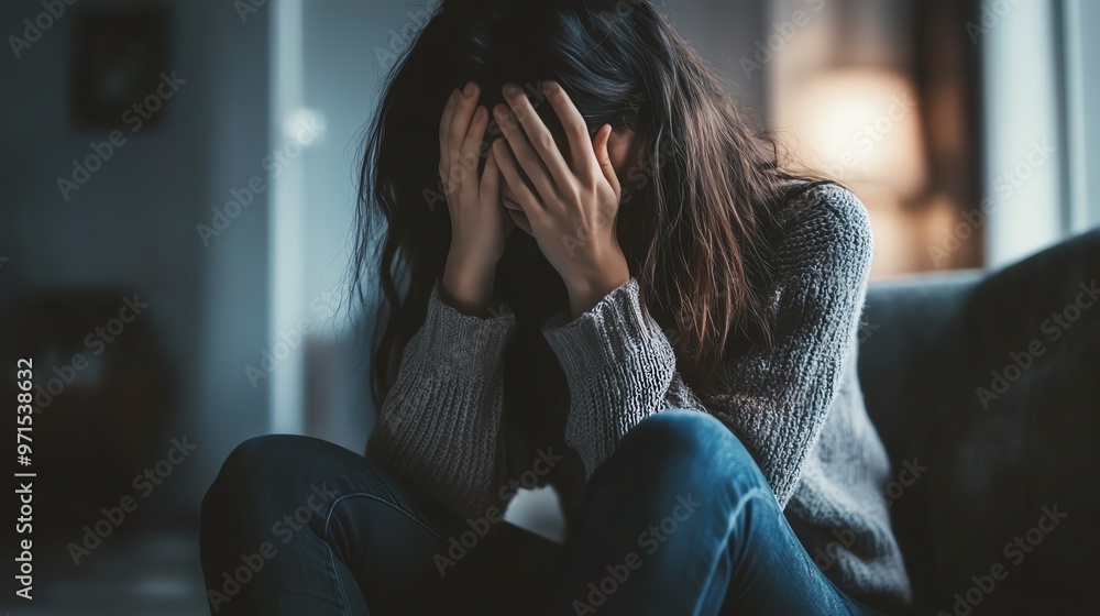 A woman sits alone, covering her face with her hands, expressing deep emotions and vulnerability in a dimly lit room. A woman sits alone, covering her face with her hands, expressing deep emotions and vulnerability in a dimly lit room.