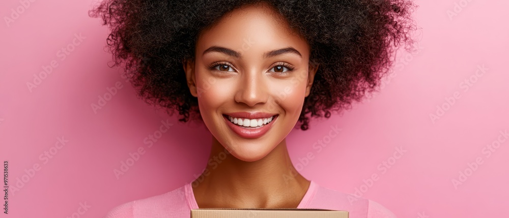 A smiling woman holds a cardboard box before her, pink background A smiling woman holds a cardboard box before her, pink background