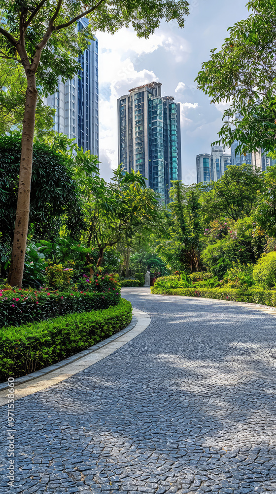 Fototapeta premium A scenic driveway in luxury high rise residential area surrounded by greenery