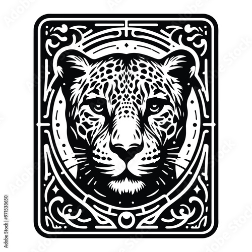 Jaguar in Tarot card black and white silhouette illustration