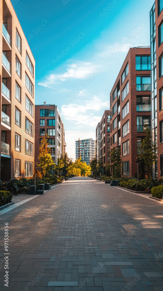 Fototapeta premium A modern city block featuring residential buildings and greenery