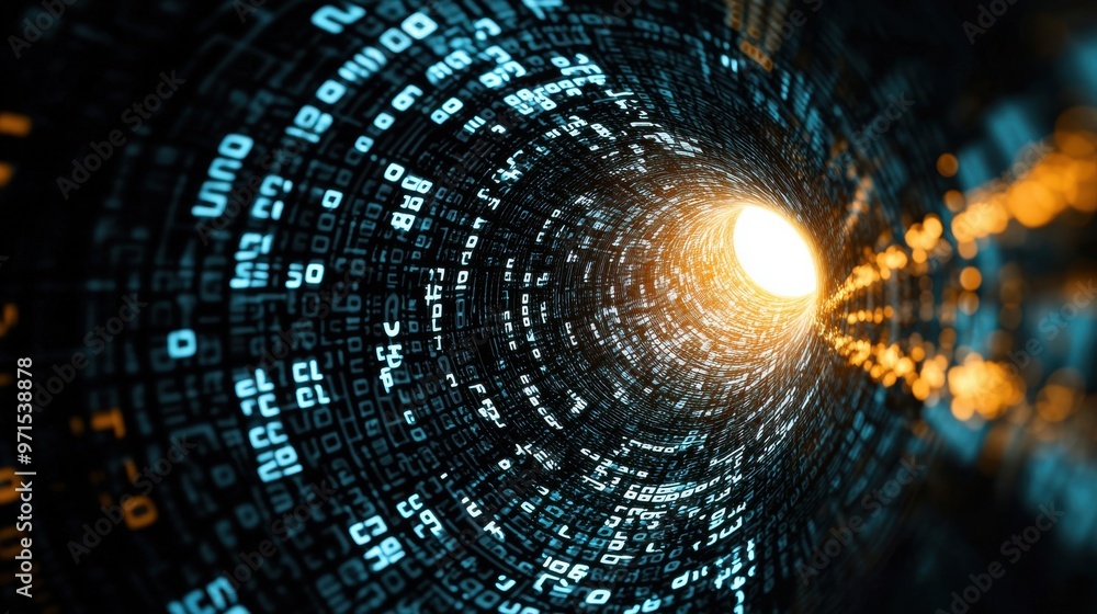 A swirling vortex of abstract numbers and currency symbols converging into a bright, glowing peak, maximization of profit margins A swirling vortex of abstract numbers and currency symbols converging into a bright, glowing peak, maximization of profit margins