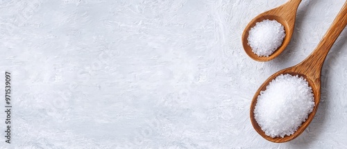  Two wooden spoons, each holding a mound of sugar, sit atop a contrasting white and gray surface Snowflakes delicately settle onto the sweet spoons photo