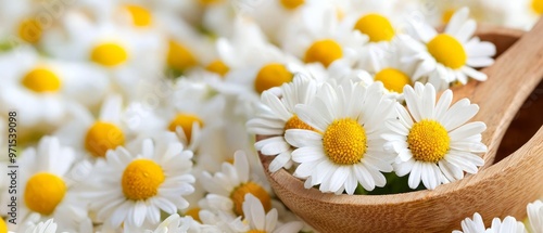  A wooden spoon holding white and yellow blooms, nearby, a mound of similar white and yellow daisies photo