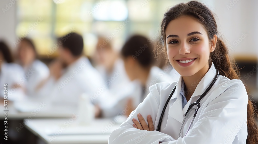 Fototapeta premium Confident medical student smiling in classroom, ready to embark on a healthcare career with enthusiasm and dedication.