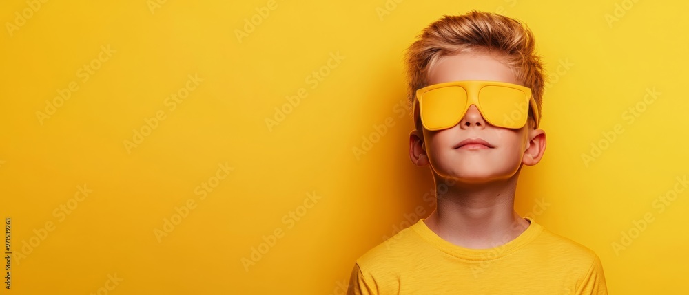 A young boy, wearing a yellow T-shirt and yellow sunglasses, is depicted against a yellow backdrop A young boy, wearing a yellow T-shirt and yellow sunglasses, is depicted against a yellow backdrop