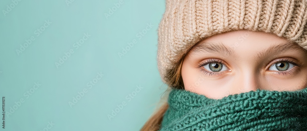 A mannequin's head, tightly wrapped in a green scarf, is topped with a cozy knitted beanie A mannequin's head, tightly wrapped in a green scarf, is topped with a cozy knitted beanie