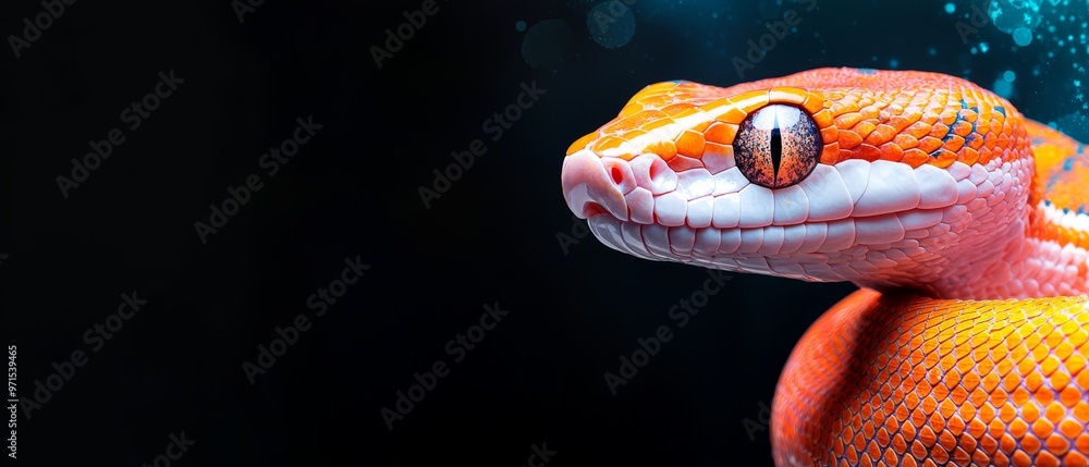 A tight shot of an orange-white snake's head, adorned with water droplets at its nape A tight shot of an orange-white snake's head, adorned with water droplets at its nape
