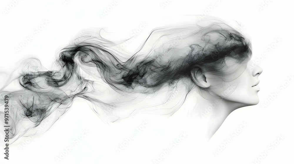 A surreal depiction of a face with flowing smoke, symbolizing thoughts and creativity. A surreal depiction of a face with flowing smoke, symbolizing thoughts and creativity.