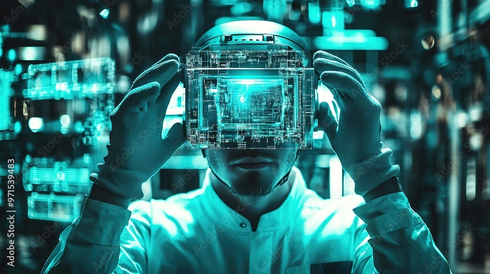 Fototapeta premium Portrait of a determined miner wearing a helmet and gloves while working underground in a dimly lit mine