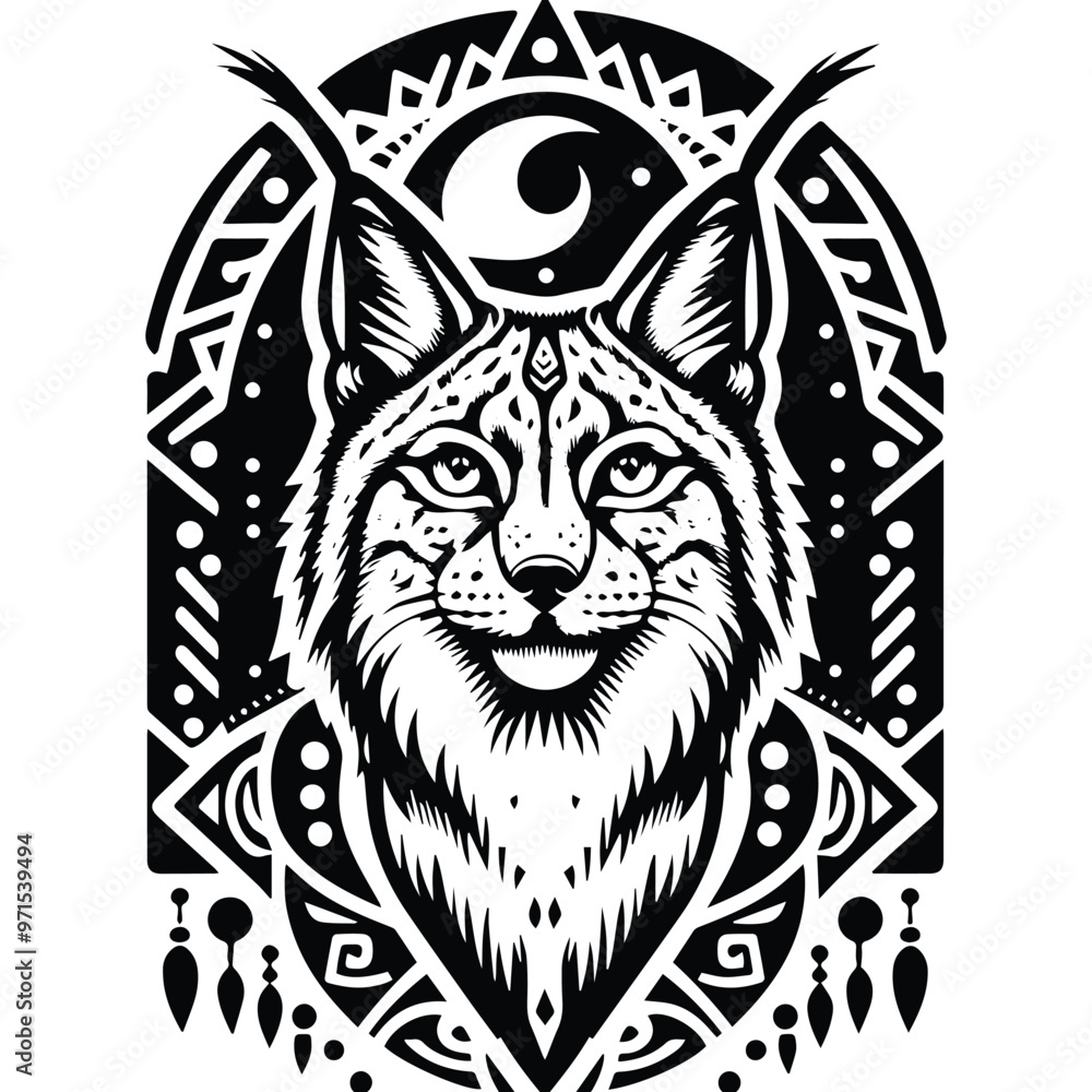 Fototapeta premium lynx cat in bohemian black and white silhouette illustration