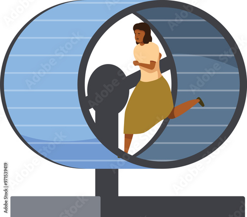 Businesswoman is running in a hamster wheel, illustrating the concept of routine work
