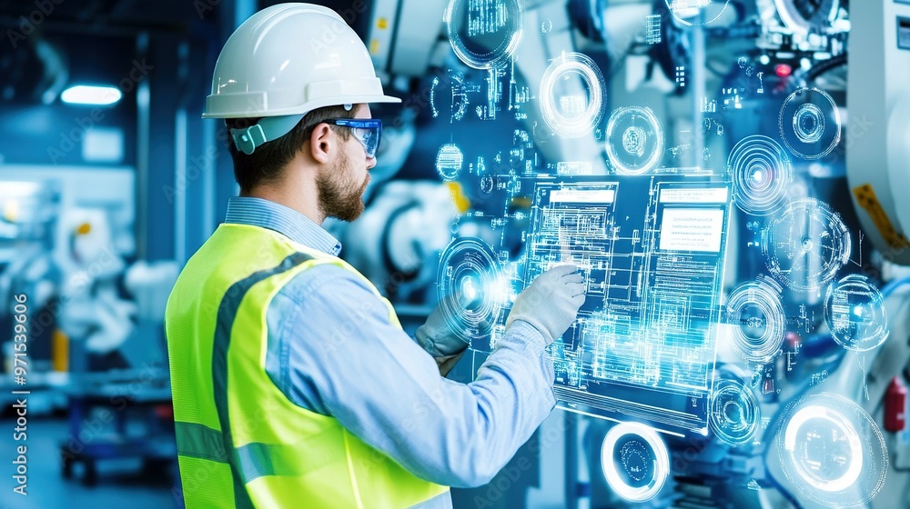 Female industrial worker in a safety helmet and glasses at a manufacturing facility during daytime operations Female industrial worker in a safety helmet and glasses at a manufacturing facility during daytime operations