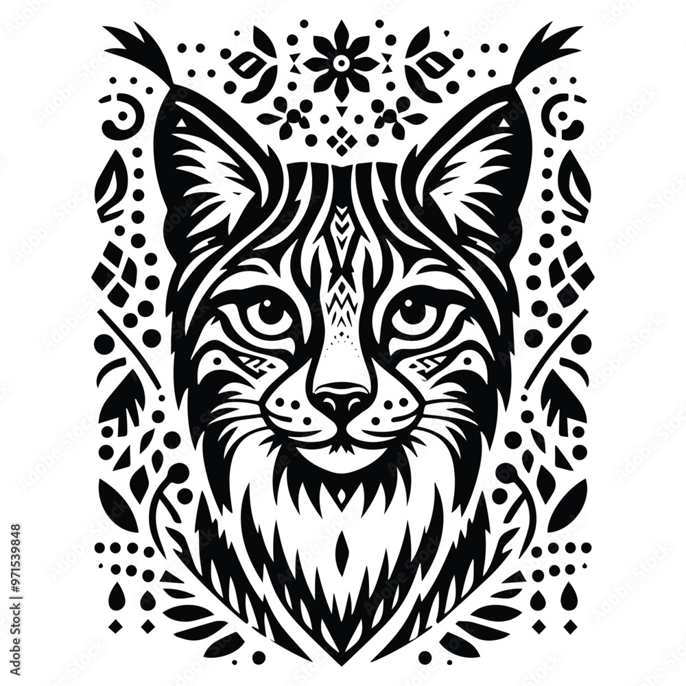 Fototapeta premium lynx cat in folk art black and white silhouette illustration