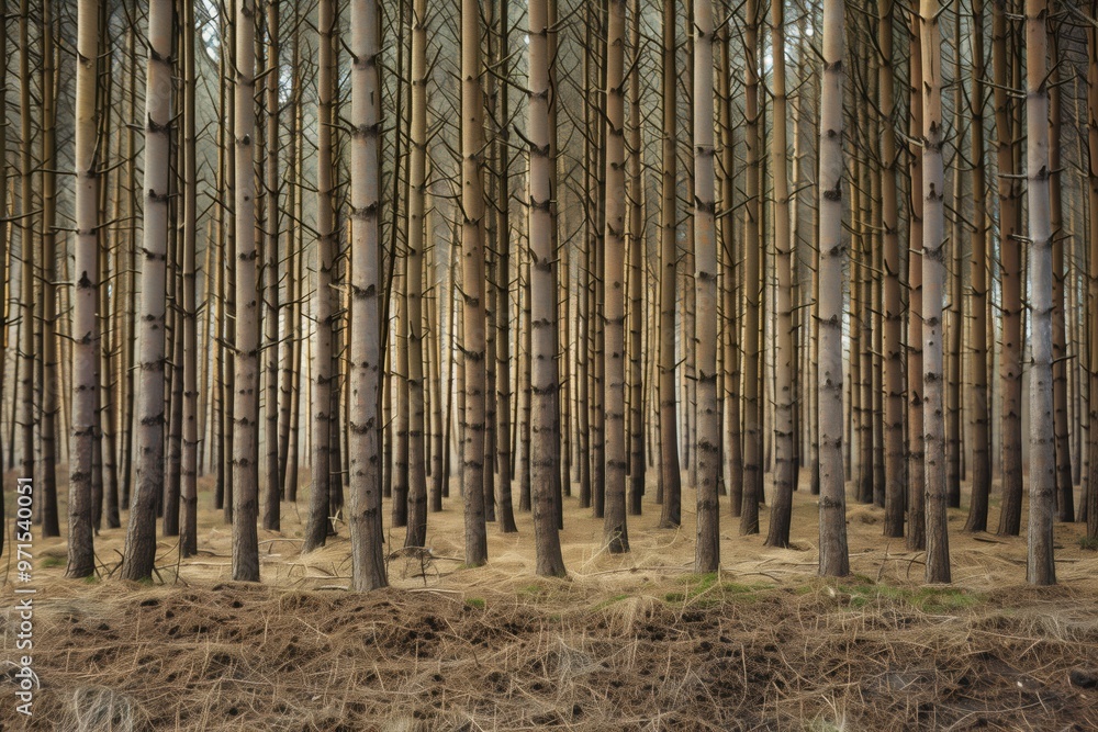 A dense forest of tall, slender trees with straight trunks and sparse branches. The ground is covered with dry grass and pine needles, creating a serene and tranquil atmosphere. A dense forest of tall, slender trees with straight trunks and sparse branches. The ground is covered with dry grass and pine needles, creating a serene and tranquil atmosphere.