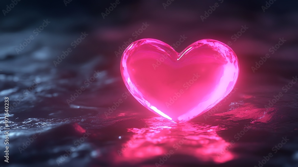 Fototapeta premium A glowing pink heart sits on a dark, textured surface, with a soft reflection below.