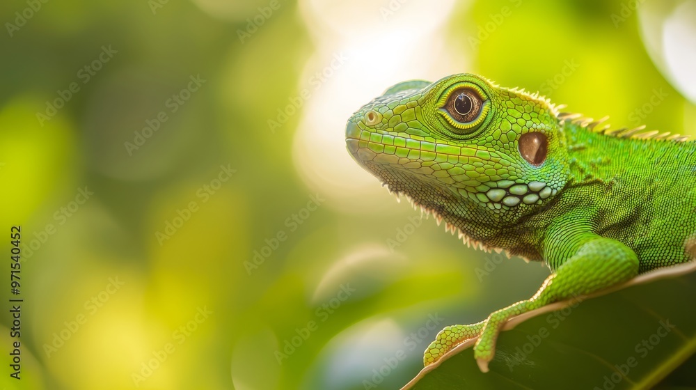 A tight shot of a verdant lizard perched on a leafy branch, sunlight filtering through the foliage behind A tight shot of a verdant lizard perched on a leafy branch, sunlight filtering through the foliage behind