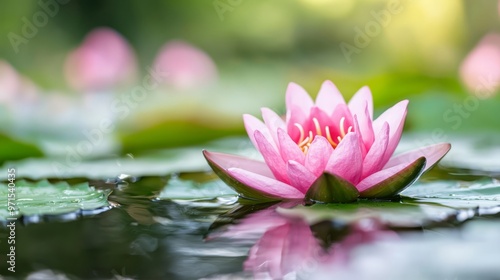  A pink water lily atop calm water, surrounded by lily pads on both sides