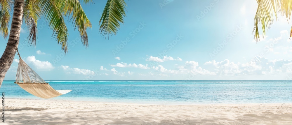 Fototapeta premium Hammock in palm tree, beach Blue sky overhead, ocean backdrop