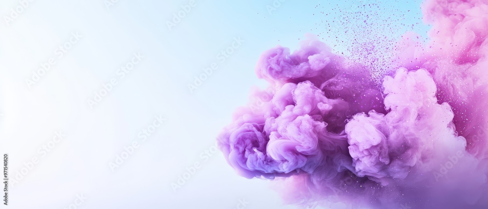 Fototapeta premium A pink and purple cloud of smoke against a blue backdrop, with a lighter blue sky above