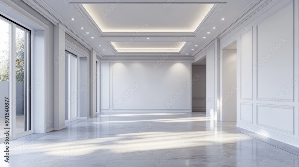 Fototapeta premium Empty room, high ceiling, white walls, modern design generative ai