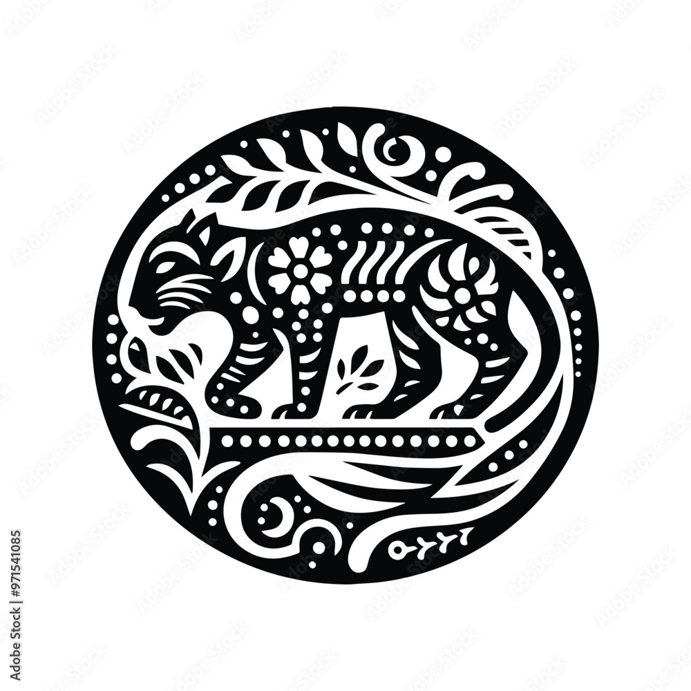 Panther in folk art black and white silhouette illustration Panther in folk art black and white silhouette illustration