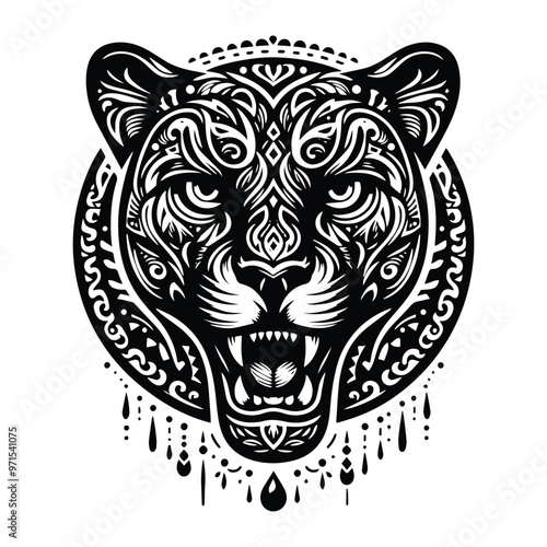 Panther in bohemian black and white silhouette illustration