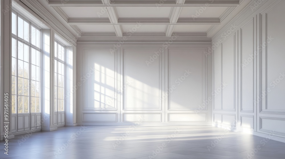 Empty room, high ceiling, white walls, modern design generative ai Empty room, high ceiling, white walls, modern design generative ai