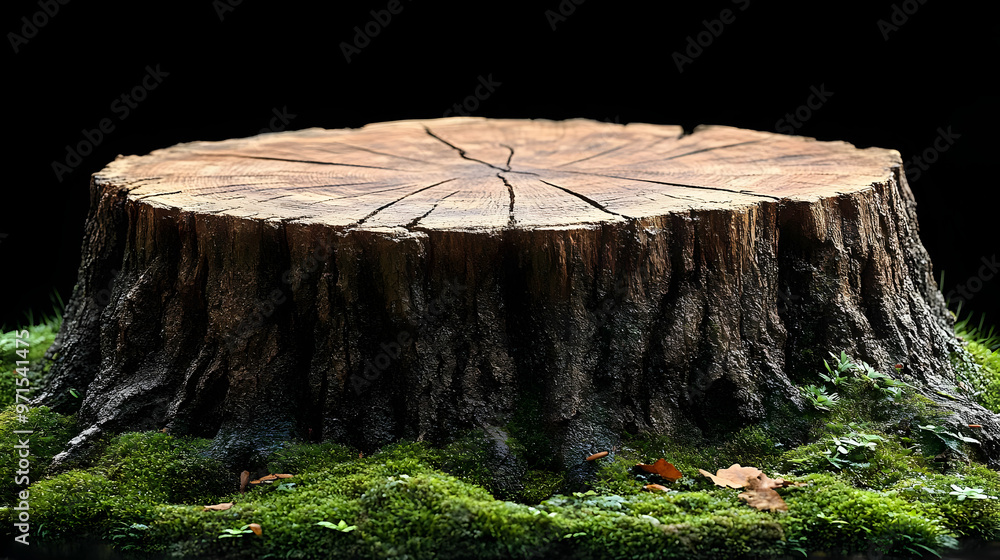A tree stump surrounded by moss, showcasing natural textures and patterns. A tree stump surrounded by moss, showcasing natural textures and patterns.