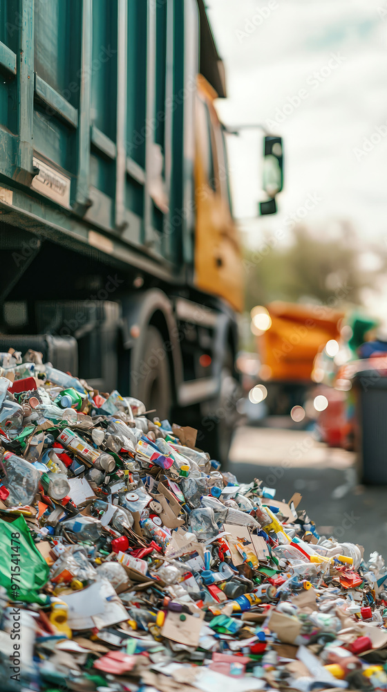 A garbage truck near large pile of recycling materials creates busy scene A garbage truck near large pile of recycling materials creates busy scene