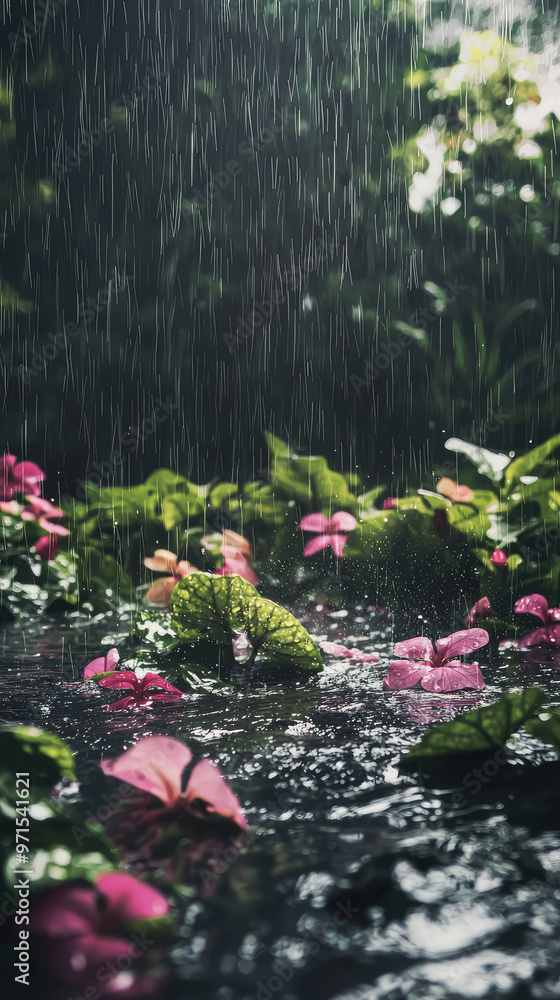 Obraz premium A garden drenched in heavy downpour, with vibrant flowers and lush greenery